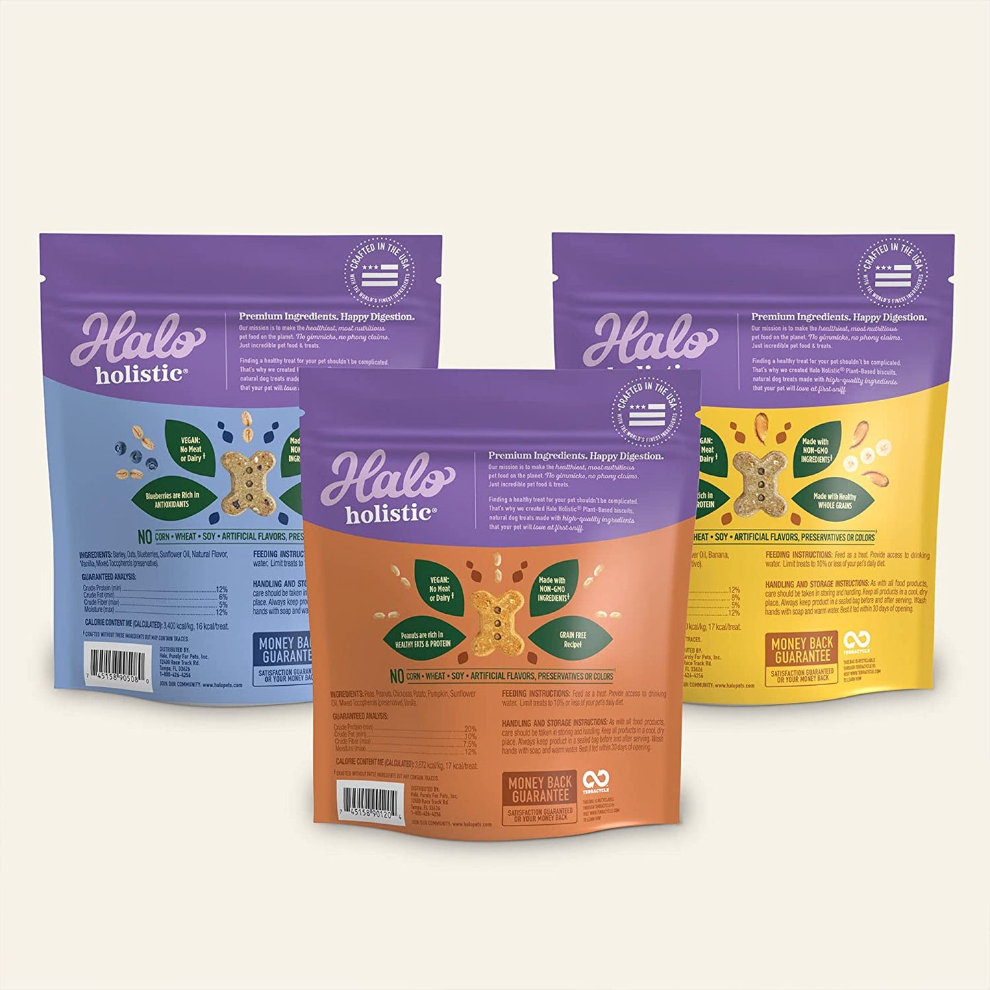 Halo Plant-Based Dog Treats Variety Pack, Oats & Blueberries, Peanut Butter & Banana, Peanuts & Pumkin, Vegan Dog Treat Pouch, 8Oz Bag, 3 Count