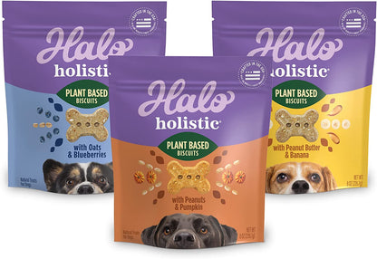 Halo Plant-Based Dog Treats Variety Pack, Oats & Blueberries, Peanut Butter & Banana, Peanuts & Pumkin, Vegan Dog Treat Pouch, 8Oz Bag, 3 Count