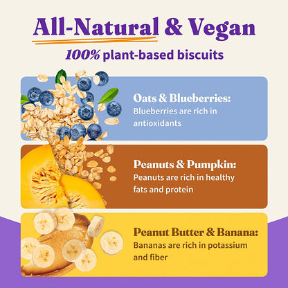 Halo Plant-Based Dog Treats Variety Pack, Oats & Blueberries, Peanut Butter & Banana, Peanuts & Pumkin, Vegan Dog Treat Pouch, 8Oz Bag, 3 Count