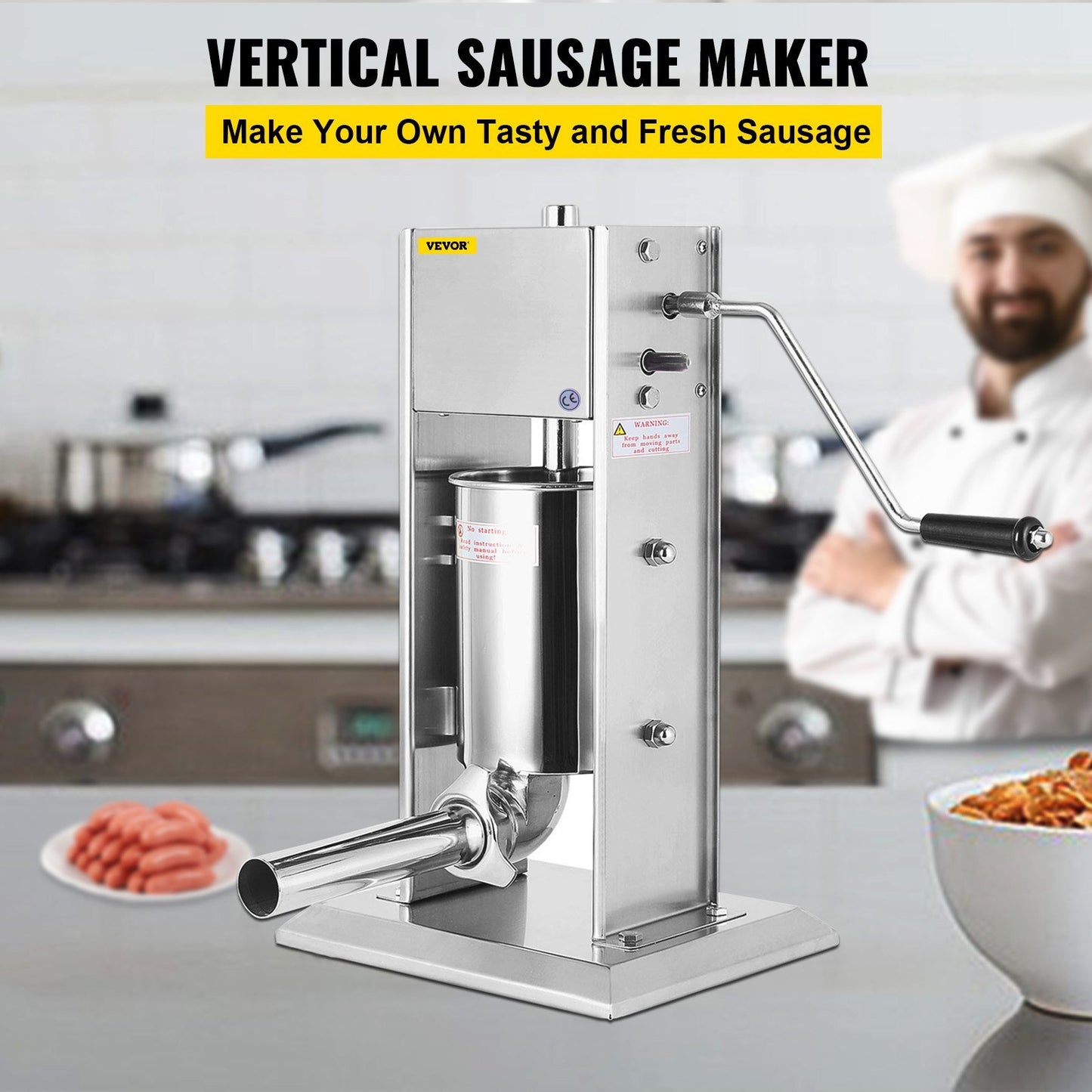 VEVOR Manual Sausage Stuffer Maker 3L Capacity Two Speed Vertical Meat Filler Stainless Steel with 5 Stuffing Nozzles, Commercial and Home Use