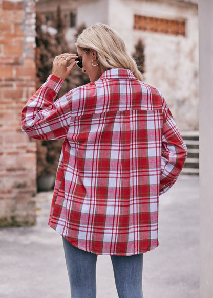 Women's Plaid Shacket Long Sleeve Button Down Flannel Shirts Plaid Jacket Coats With Chest Pocketed