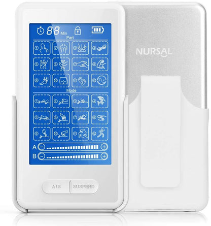 NURSAL Dual Channel Touchscreen TENS Unit Muscle Stimulator Machine with 24 Modes Rechargeable Massager for Pain Relief Therapy, 16 Electrodes Pads and Back Clip