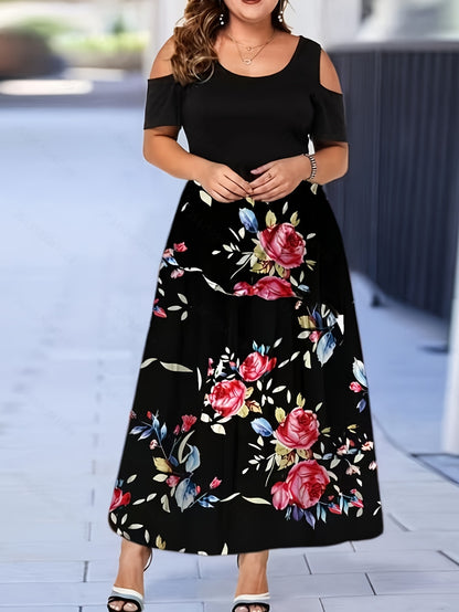 Plus Size Ombre Print Cold Shoulder Maxi Dress; Women's Plus Slight Stretch Elegant Short Sleeve Long Prom Dress