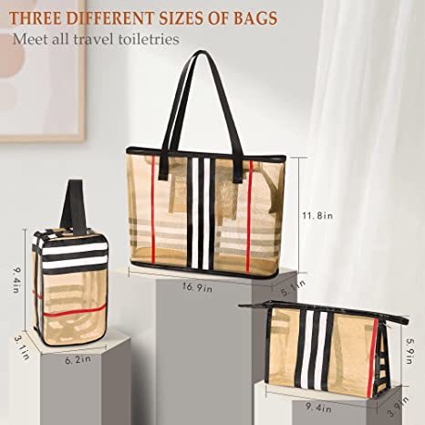 3 Pack Makeup Bag;  Travel Cosmetic Bag with Zipper Handle Waterproof Striped Transparent Toiletry Bag Portable Organizer Cases Set for Women and Girls Storage Bag