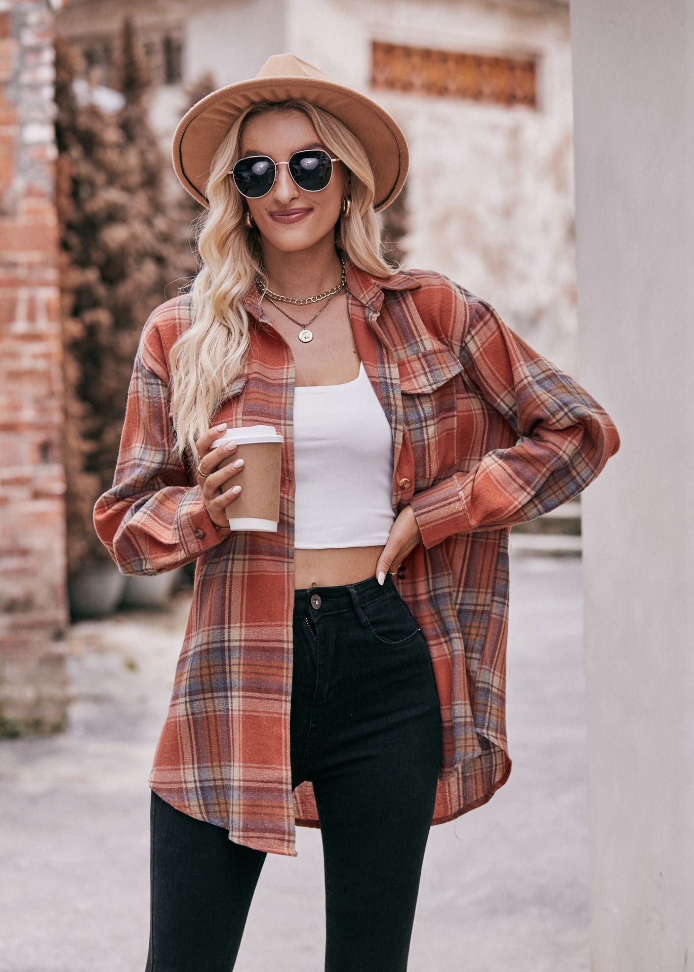 Women's Plaid Shacket Long Sleeve Button Down Flannel Shirts Plaid Jacket Coats With Chest Pocketed