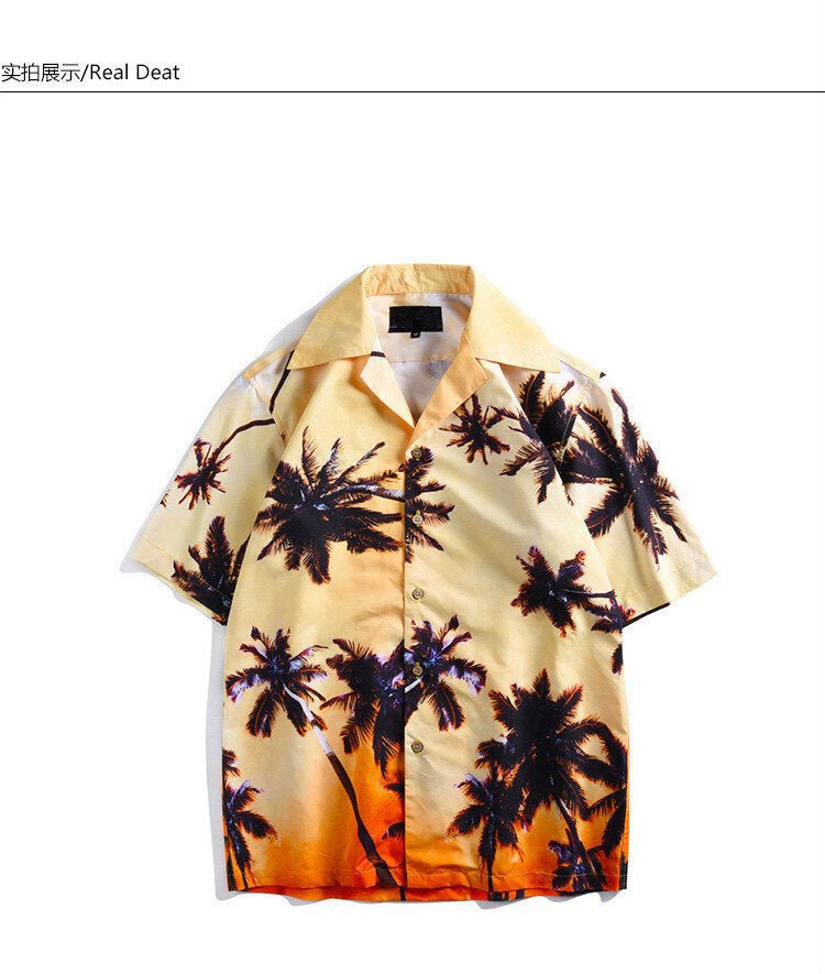 Men Beach Hawaiian Shirt Slim Fit Floral Print Short Sleeve Shirt