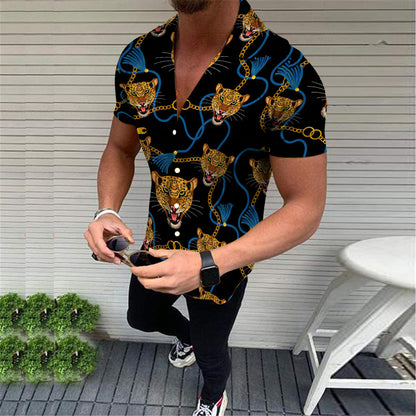 European and American New Men's Casual Shirts Short Sleeve 3D Digital Printing Leopard Printing Men's Shirts