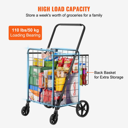 VEVOR Folding Shopping Cart, Jumbo Grocery Cart with Double Baskets, 360° Swivel Wheels, Heavy Duty Utility Cart, 110 LBS Large Capacity Utility Cart for Laundry, Shopping, Grocery, Luggage