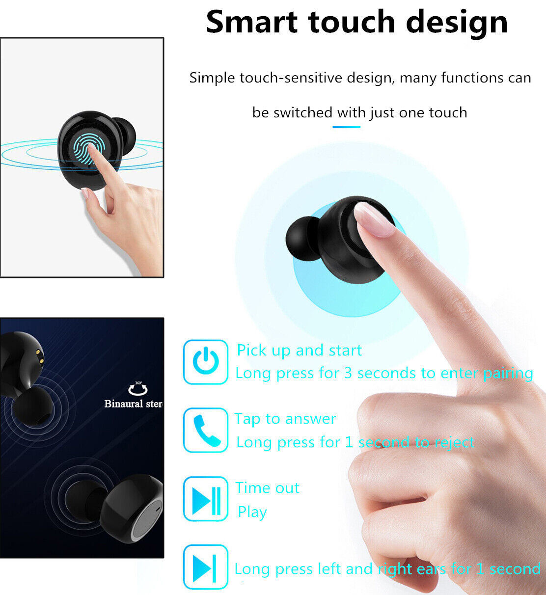 Waterproof Bluetooth 5.0 Wireless Earbuds Headphone Headset Noise Cancelling TWS Bluetooth Wireless Earbuds with Microphone- Stereo Sound in-Ear Bluetooth Headset True Wireless Earbuds