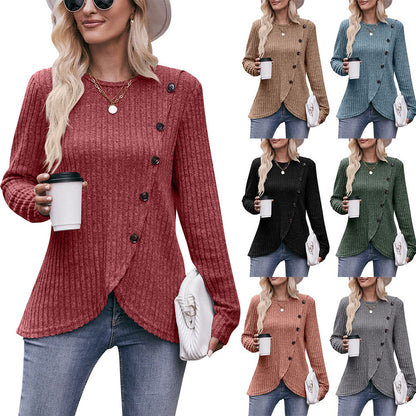 Women's Knit Sweater Round Neck Hem Solid Button Down Long Sleeve Tunics Blouses