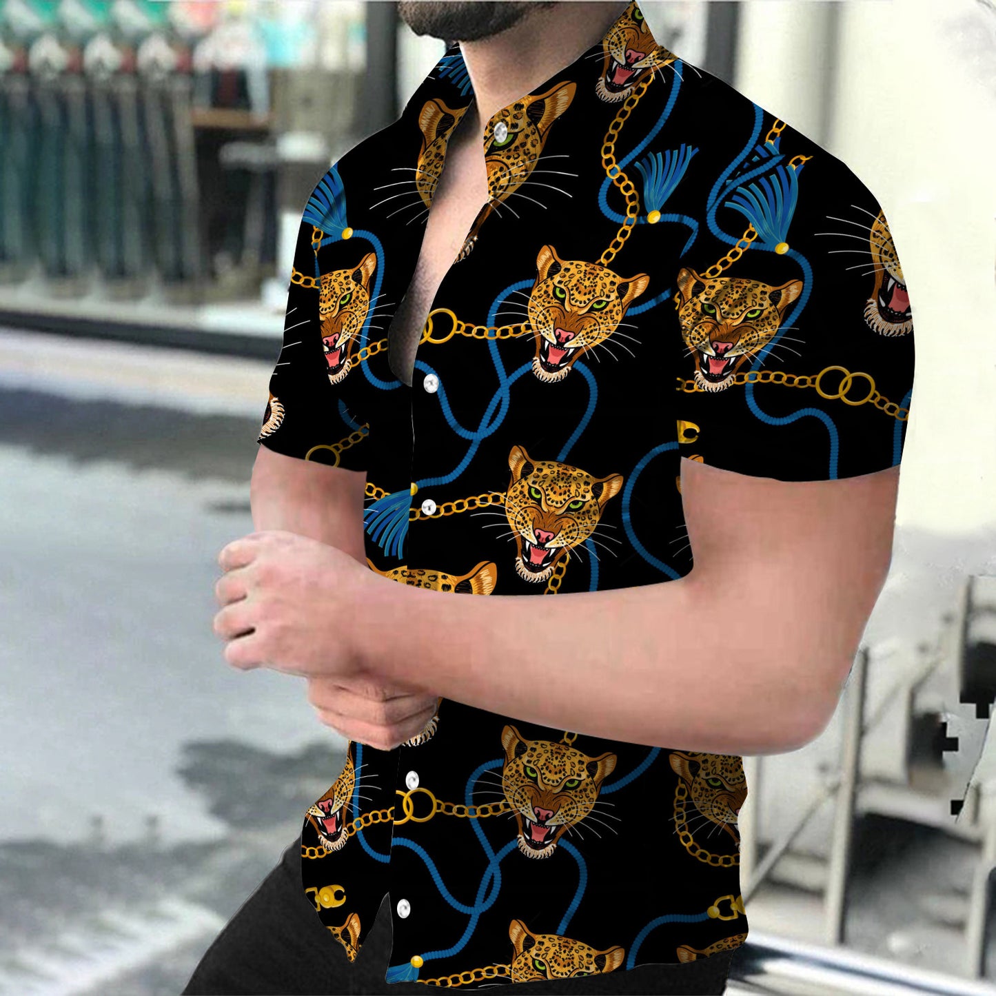 European and American New Men's Casual Shirts Short Sleeve 3D Digital Printing Leopard Printing Men's Shirts