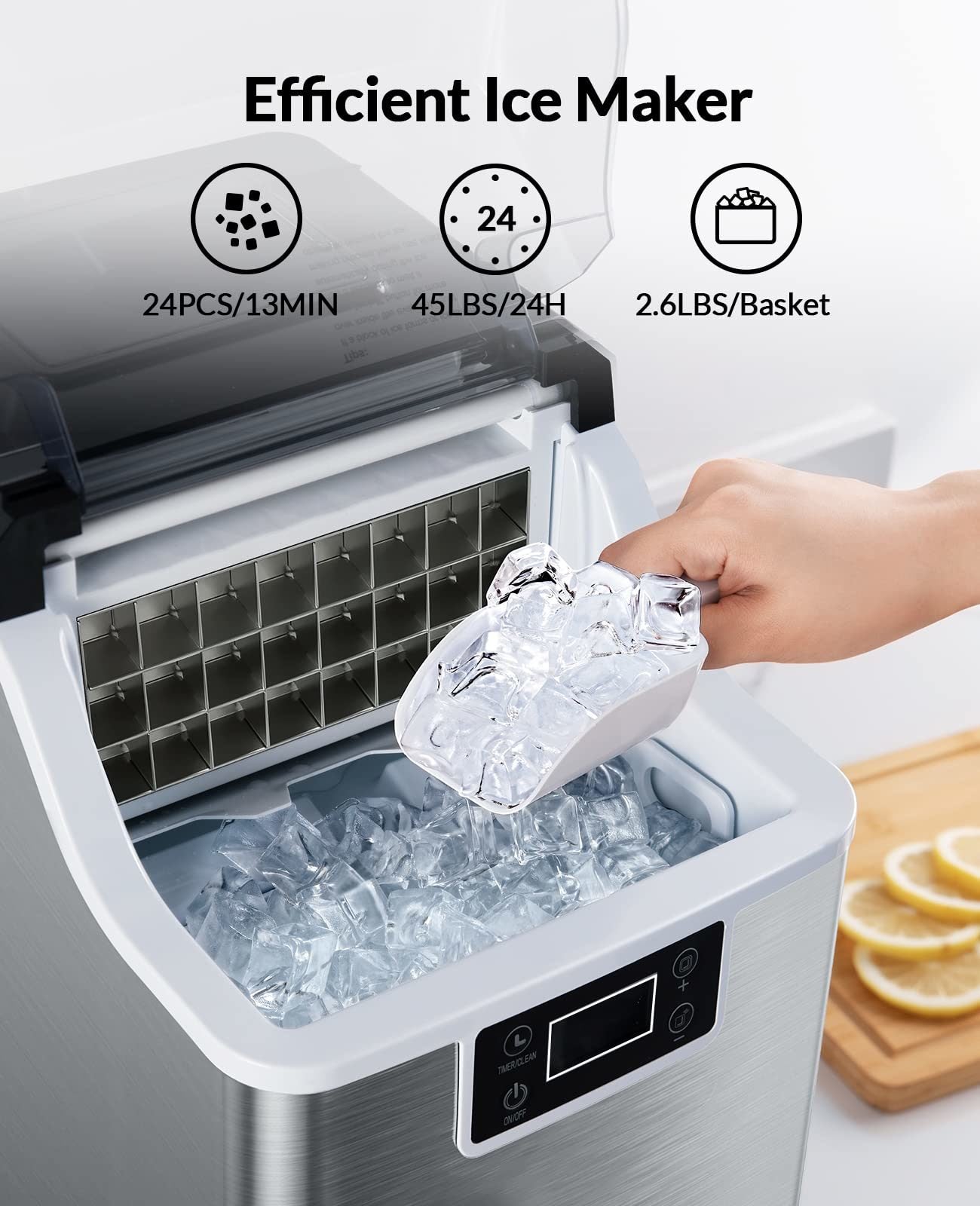 Silonn Countertop Ice Cube Ice Makers, 45lbs Per Day, Auto Self-Cleaning, 24 Pcs Ice Cubes in 13 Min, 2 Ways to Add Water, Compact Ice Machine for Home Office Bar Party SLIM02