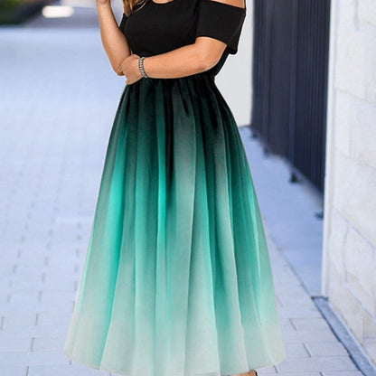 Size Ombre Print Cold Shoulder Maxi Dress; Women's Slight Stretch Elegant Short Sleeve Long Prom Dress