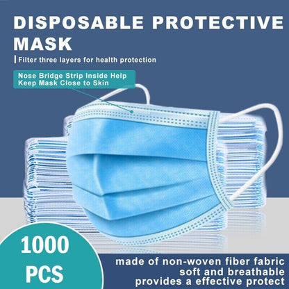 1000 PCS Protective Disposable Face Mask Cover 3 Ply Disposable Masks - Blue