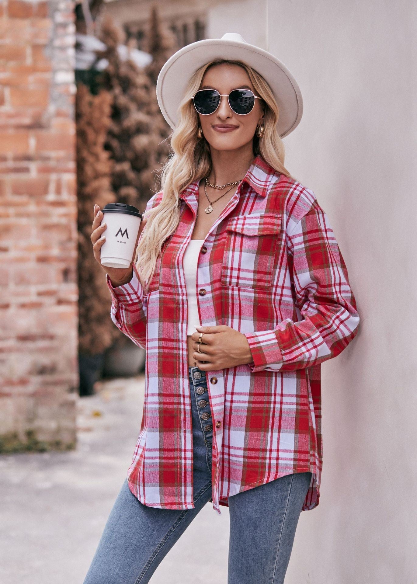 Women's Plaid Shacket Long Sleeve Button Down Flannel Shirts Plaid Jacket Coats With Chest Pocketed