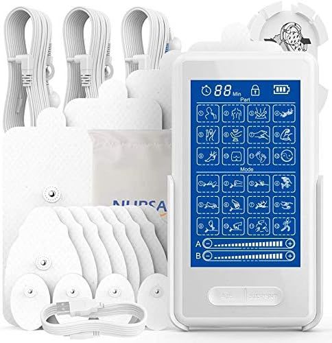 NURSAL Dual Channel Touchscreen TENS Unit Muscle Stimulator Machine with 24 Modes Rechargeable Massager for Pain Relief Therapy, 16 Electrodes Pads and Back Clip