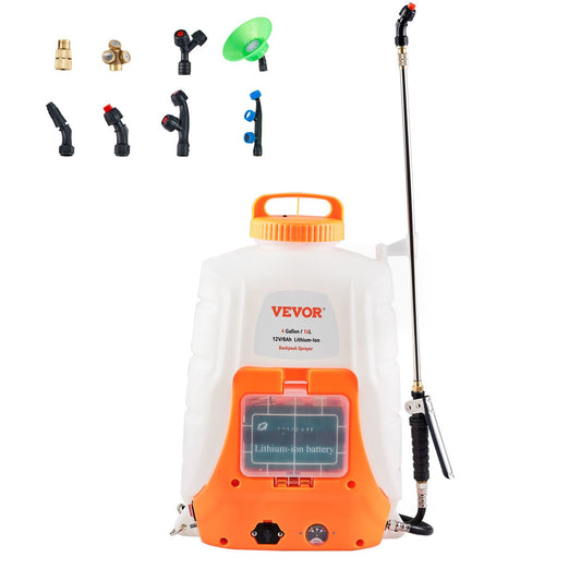 VEVOR Battery Powered Backpack Sprayer ; 4 Gal Tank; 0-90 PSI Adjustable Pressure; Back Pack Sprayer with 8 Nozzles and 2 Wands; 12V 8Ah Battery; Wide Mouth Lid for Weeding; Spraying; Cleaning