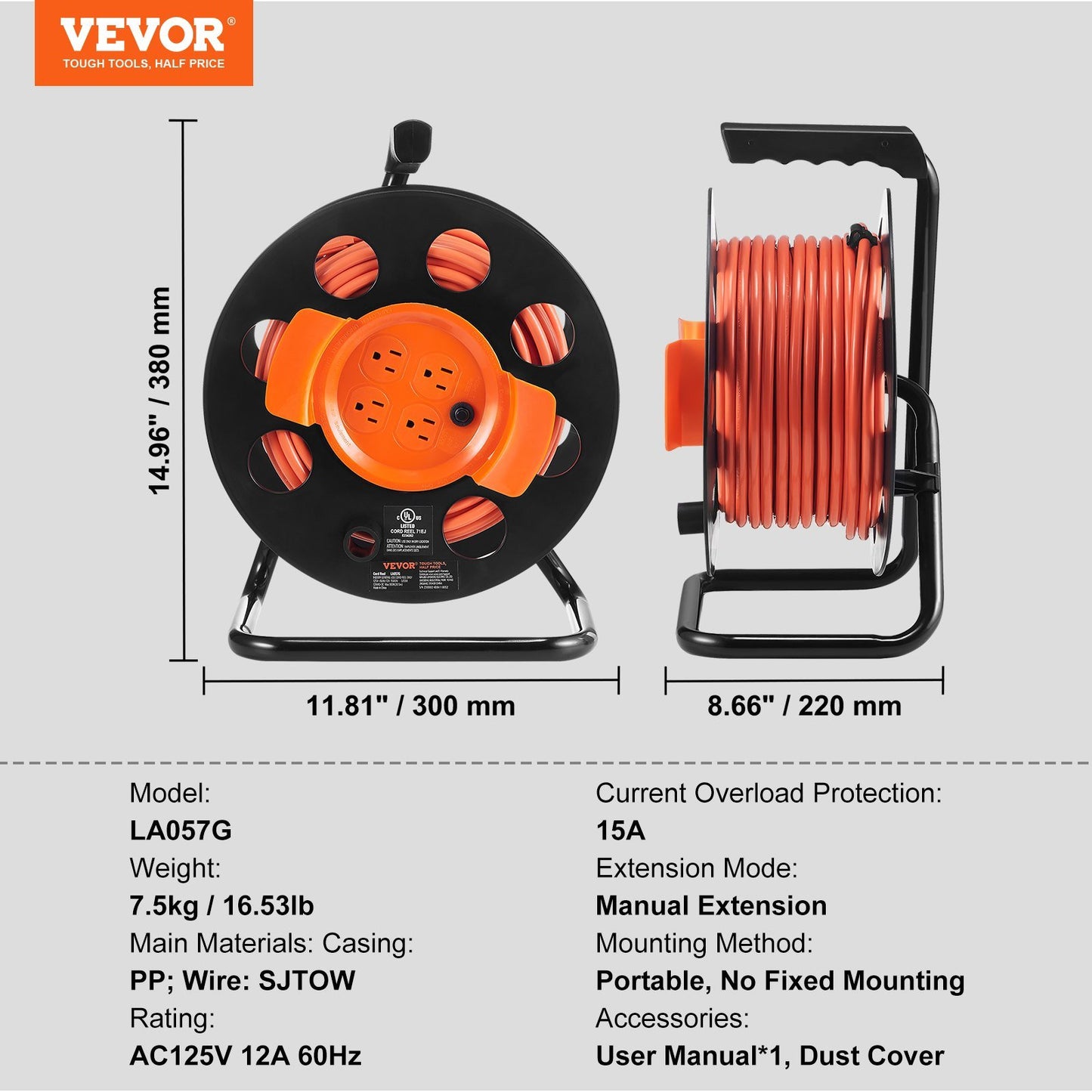 VEVOR Extension Cord Reel for Outdoor Indoor Toolshed Garage, UL/ETL Listed