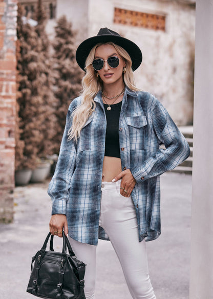 Women's Plaid Shacket Long Sleeve Button Down Flannel Shirts Plaid Jacket Coats With Chest Pocketed