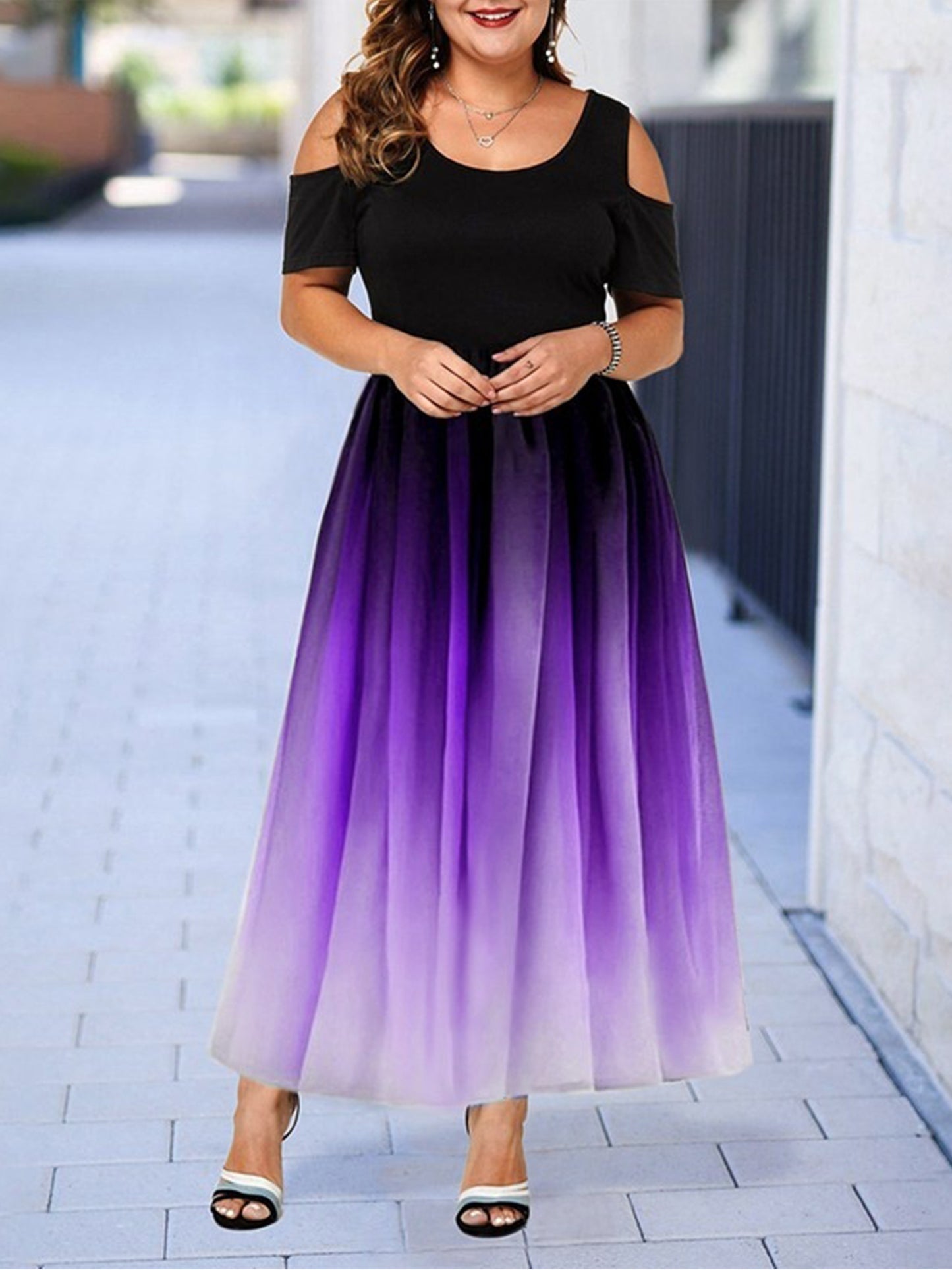 Plus Size Ombre Print Cold Shoulder Maxi Dress; Women's Plus Slight Stretch Elegant Short Sleeve Long Prom Dress