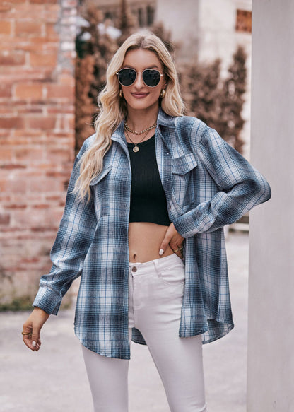 Women's Plaid Shacket Long Sleeve Button Down Flannel Shirts Plaid Jacket Coats With Chest Pocketed