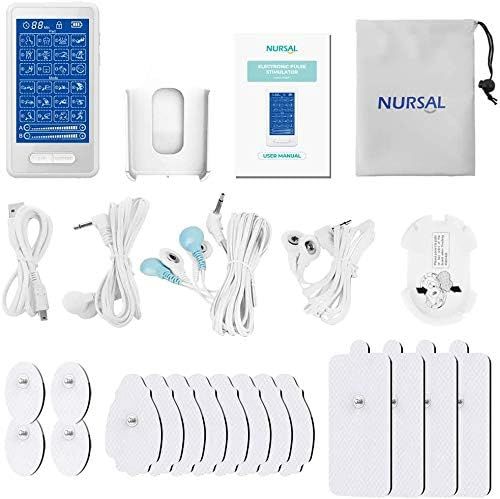 NURSAL Dual Channel Touchscreen TENS Unit Muscle Stimulator Machine with 24 Modes Rechargeable Massager for Pain Relief Therapy, 16 Electrodes Pads and Back Clip