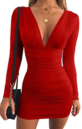 Women's Sexy Long Sleeve V Neck Ruched Bodycon Mini Party Cocktail Dress