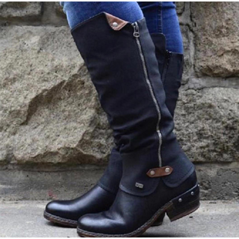 Women's Mid Calf Boots Vintage British PU Leather Shoes Woman Low Heel Zip Sewing Ladies Fashion Retro Long Boots Women 2022