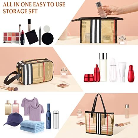 3 Pack Makeup Bag;  Travel Cosmetic Bag with Zipper Handle Waterproof Striped Transparent Toiletry Bag Portable Organizer Cases Set for Women and Girls Storage Bag