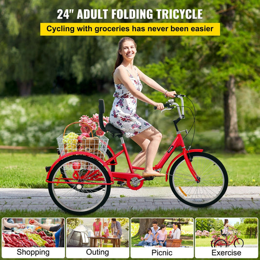 VEVOR Tricycle Adult 24'' Wheels Adult Tricycle 1-Speed 3 Wheel Bikes For Adults Three Wheel Bike For Adults Adult Trike Adult Folding Tricycle Foldable Adult Tricycle 3 Wheel Bike Trike For Adults