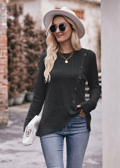 Women's Knit Sweater Round Neck Hem Solid Button Down Long Sleeve Tunics Blouses