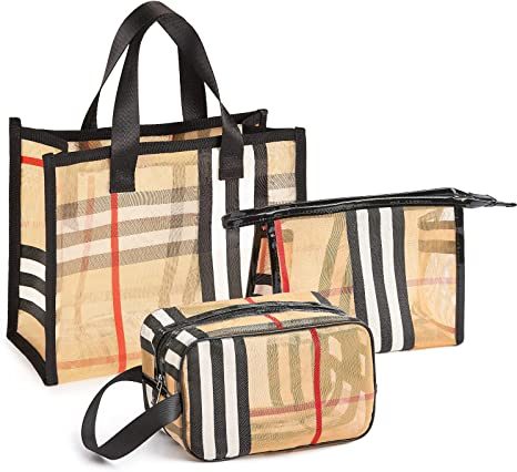 3 Pack Makeup Bag;  Travel Cosmetic Bag with Zipper Handle Waterproof Striped Transparent Toiletry Bag Portable Organizer Cases Set for Women and Girls Storage Bag