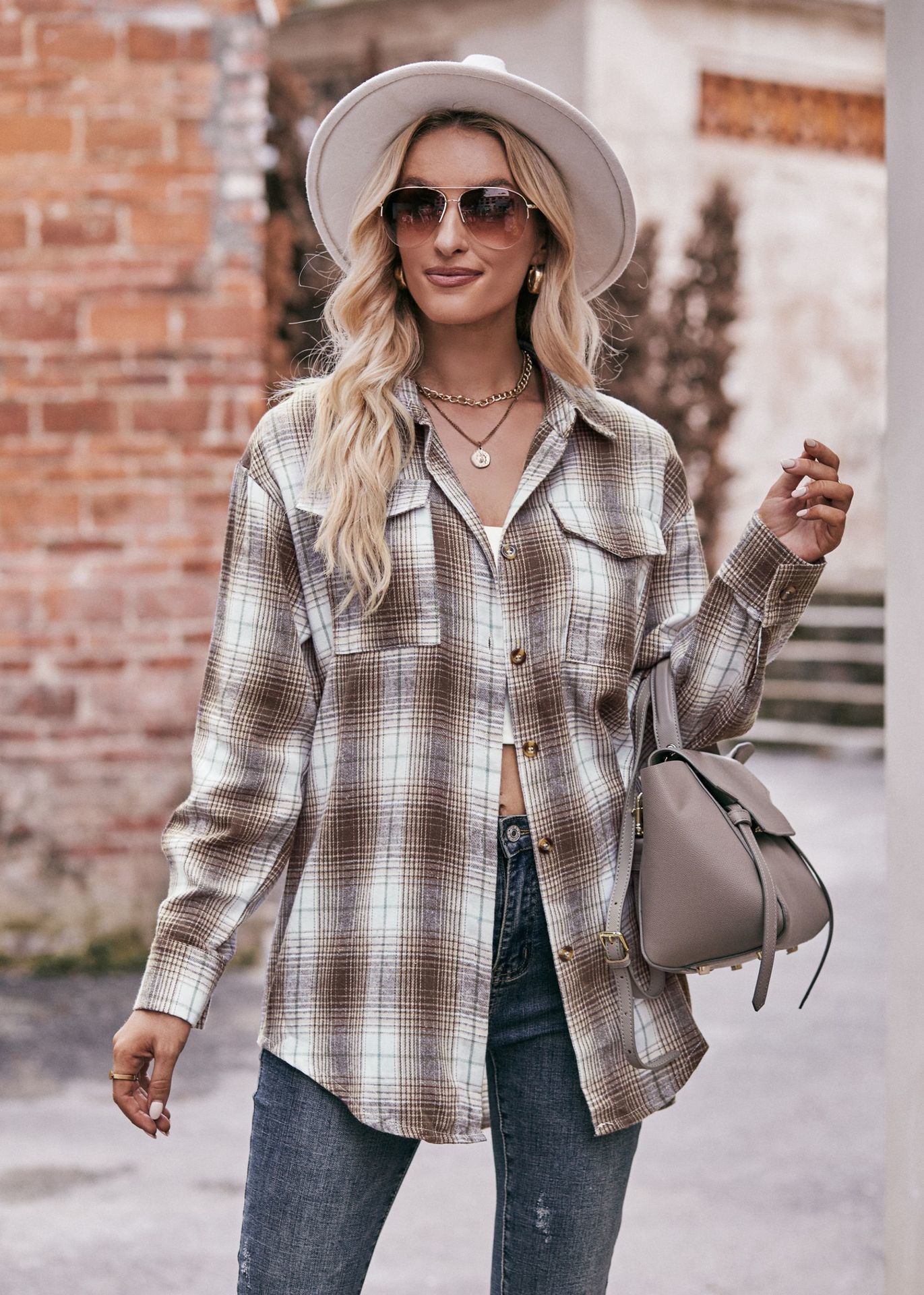 Women's Plaid Shacket Long Sleeve Button Down Flannel Shirts Plaid Jacket Coats With Chest Pocketed