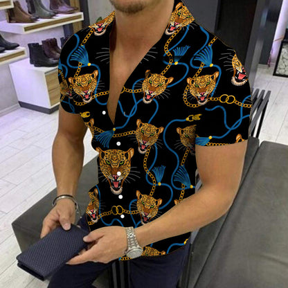 European and American New Men's Casual Shirts Short Sleeve 3D Digital Printing Leopard Printing Men's Shirts