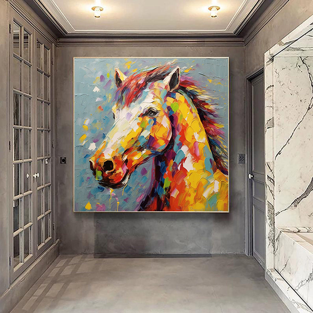 Hand Painted Oil Painting Palette Kinfe Horse Wall Art Original Animal Painting On Canvas Boho Wall Decor Abstract Modern Painting Large Impressionism Wall Art