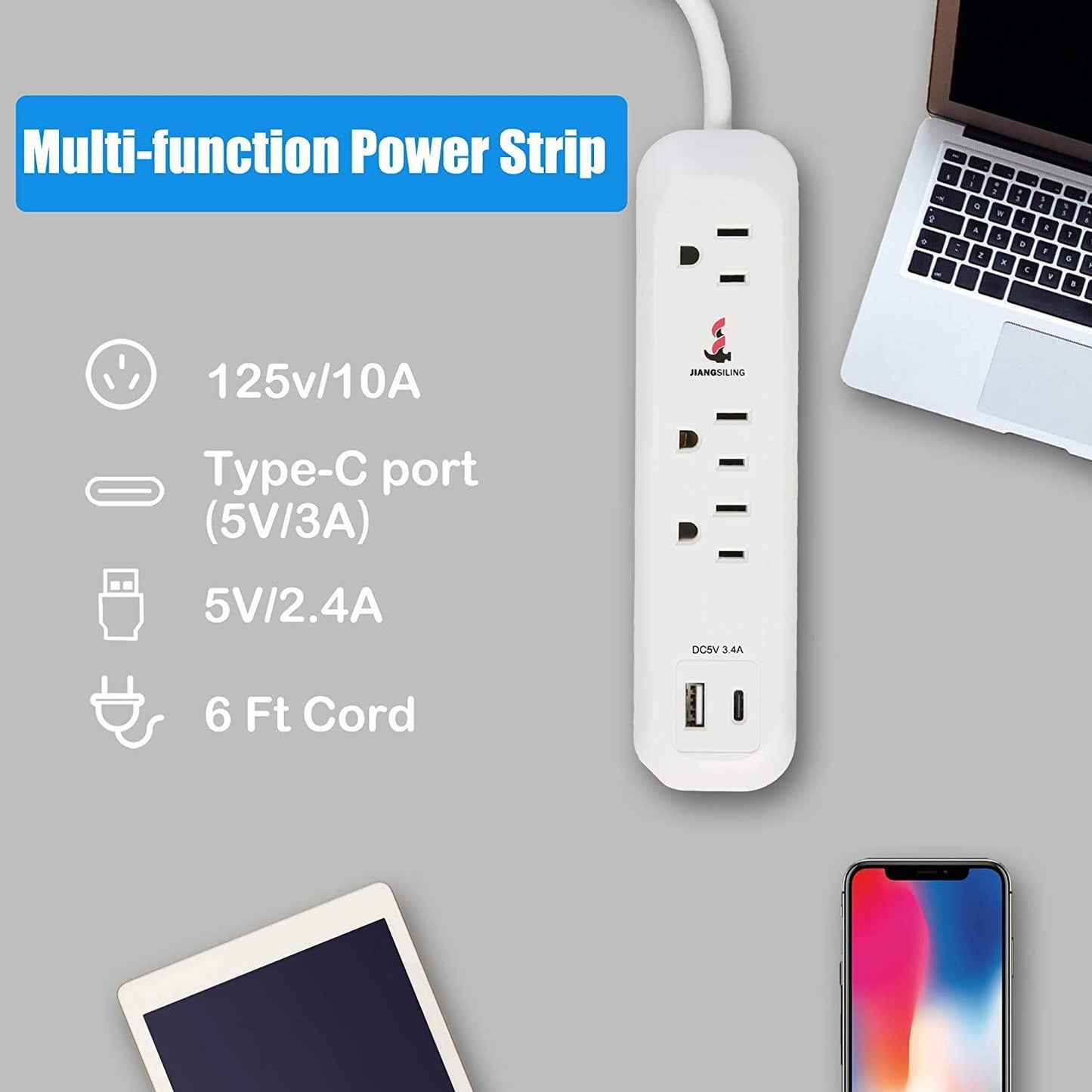 Bosonshop Surge Protector Power Strip with 3 Outlet and USB Port(5V/2.4A) & Type-C Port(5V/3A), 6 Ft Extension Cord