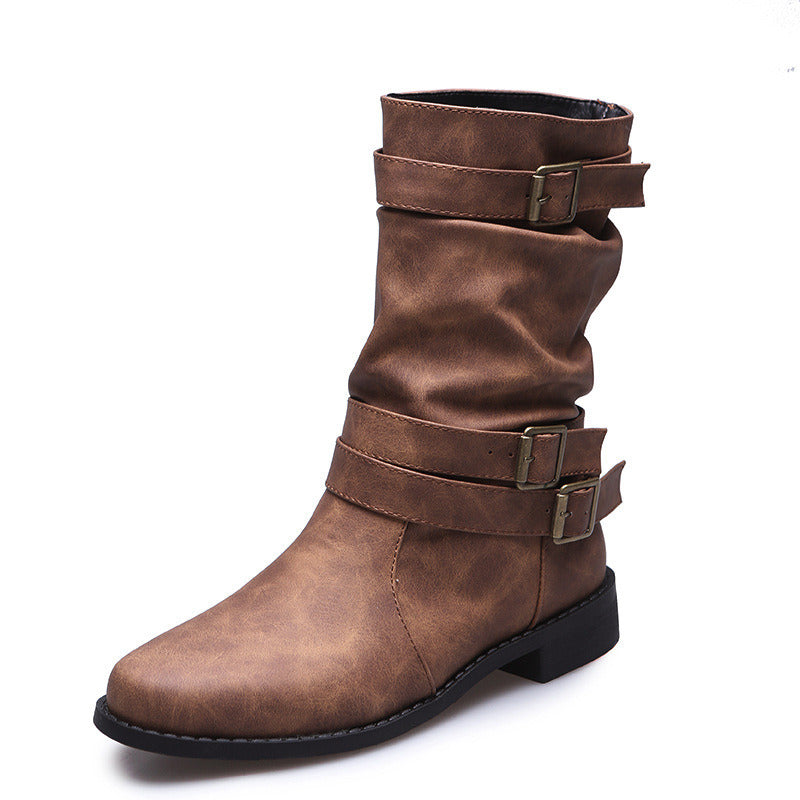 Women Leather Belt Buckle Rider Boots