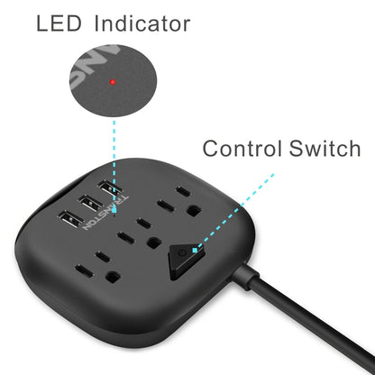 Power Strip With 3 Outlets And 3 USB Ports With Switch Control; Desktop Charging Station With 5ft Extension Cord For Nightstand; Office And Travel