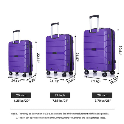 Hardshell Suitcase Spinner Wheels PP Luggage Sets Lightweight Durable Suitcase with TSA Lock,3-Piece Set (20/24/28) ,Purple