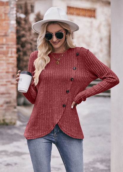 Women's Knit Sweater Round Neck Hem Solid Button Down Long Sleeve Tunics Blouses