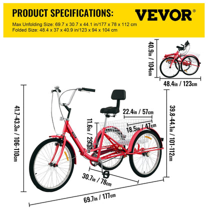 VEVOR Tricycle Adult 24'' Wheels Adult Tricycle 1-Speed 3 Wheel Bikes For Adults Three Wheel Bike For Adults Adult Trike Adult Folding Tricycle Foldable Adult Tricycle 3 Wheel Bike Trike For Adults