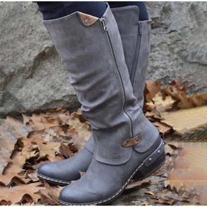 Women's Mid Calf Boots Vintage British PU Leather Shoes Woman Low Heel Zip Sewing Ladies Fashion Retro Long Boots Women 2022