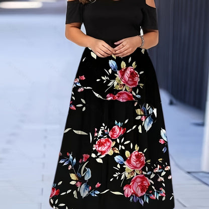 Plus Size Ombre Print Cold Shoulder Maxi Dress; Women's Plus Slight Stretch Elegant Short Sleeve Long Prom Dress