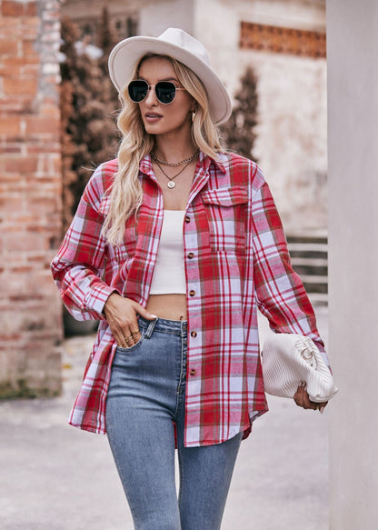 Women's Plaid Shacket Long Sleeve Button Down Flannel Shirts Plaid Jacket Coats With Chest Pocketed