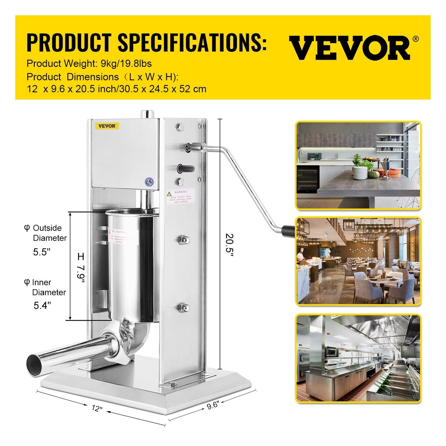 VEVOR Manual Sausage Stuffer Maker 3L Capacity Two Speed Vertical Meat Filler Stainless Steel with 5 Stuffing Nozzles, Commercial and Home Use