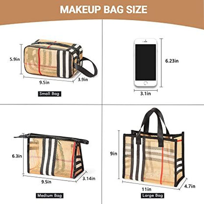 3 Pack Makeup Bag;  Travel Cosmetic Bag with Zipper Handle Waterproof Striped Transparent Toiletry Bag Portable Organizer Cases Set for Women and Girls Storage Bag