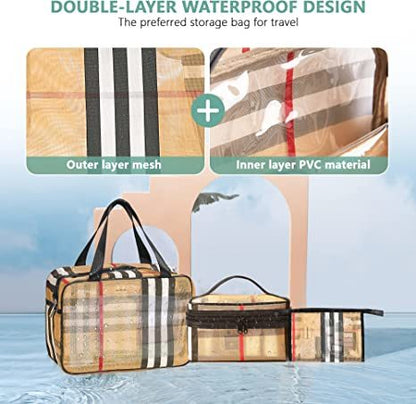 3 Pack Makeup Bag;  Travel Cosmetic Bag with Zipper Handle Waterproof Striped Transparent Toiletry Bag Portable Organizer Cases Set for Women and Girls Storage Bag