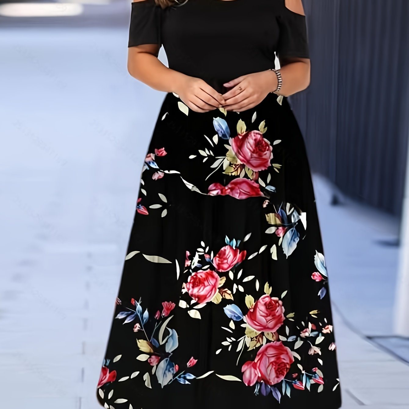 Size Ombre Print Cold Shoulder Maxi Dress; Women's Slight Stretch Elegant Short Sleeve Long Prom Dress