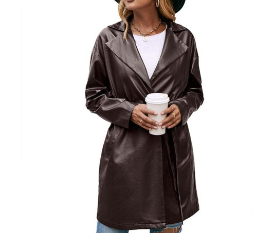 Lapel PU Faux Leather Jacket Coat Trench Outerwears