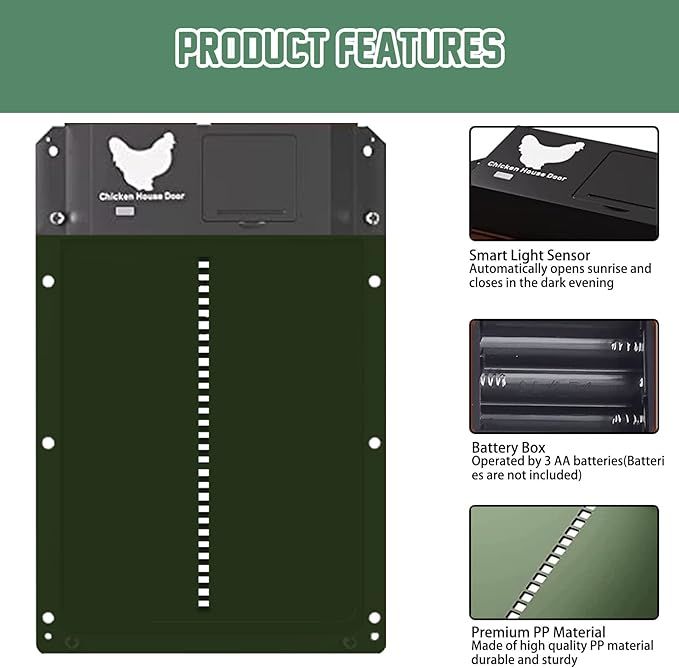 Automatic Chicken Door, Smart Light Sensor Control, Chicken Door Opener, Battery Operated, Multi Mode Chicken Flap, Evening and Morning Delayed Opening, IPX4 Waterproof (Green)